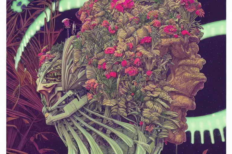 Prompt: gigantic mecha head, a lot of exotic vegetation, trees, flowers by moebius, dull colors, junji ito, tristan eaton, victo ngai, artgerm, rhads, ross draws, hyperrealism, intricate detailed, risograph