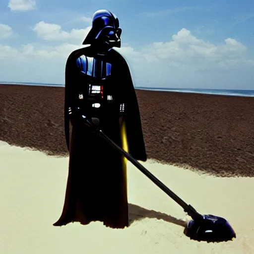 Prompt: darth vader vacuuming the sand on a beach