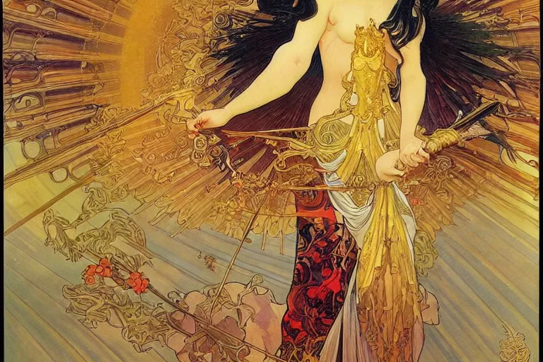 Image similar to glorious beautiful painting of Japanese female angel with flaming sword and golden wings, heavenly background and heavenly light, feminine figure, by James Jean and Alphonse mucha, Neo-Gothic, gothic, Art Nouveau, rich deep moody colors