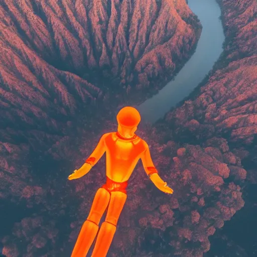 Image similar to photo of a giant orange colored glowing transparent humanoid of one thousand feet of height