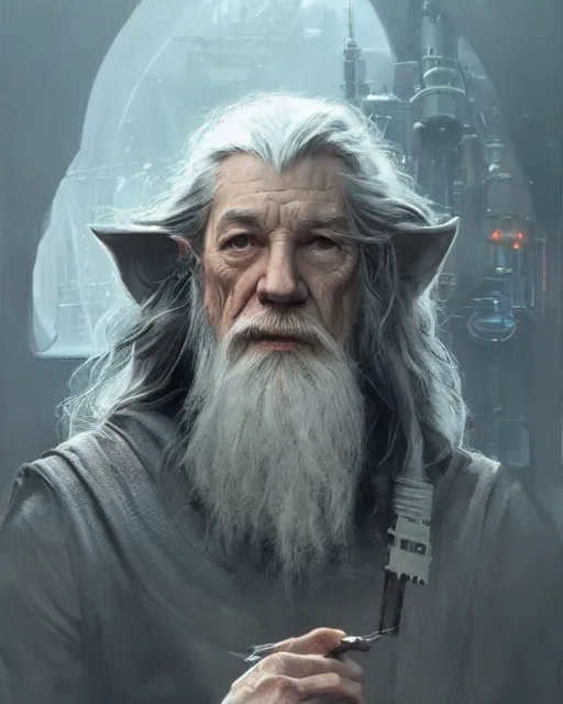 Prompt: gandalf with cybernetic enhancements, android, detailed face, scifi character portrait by greg rutkowski, esuthio, craig mullins, 1 / 4 headshot, cinematic lighting, dystopian scifi gear, gloomy, profile picture, mechanical, half robot, implants, steampunk