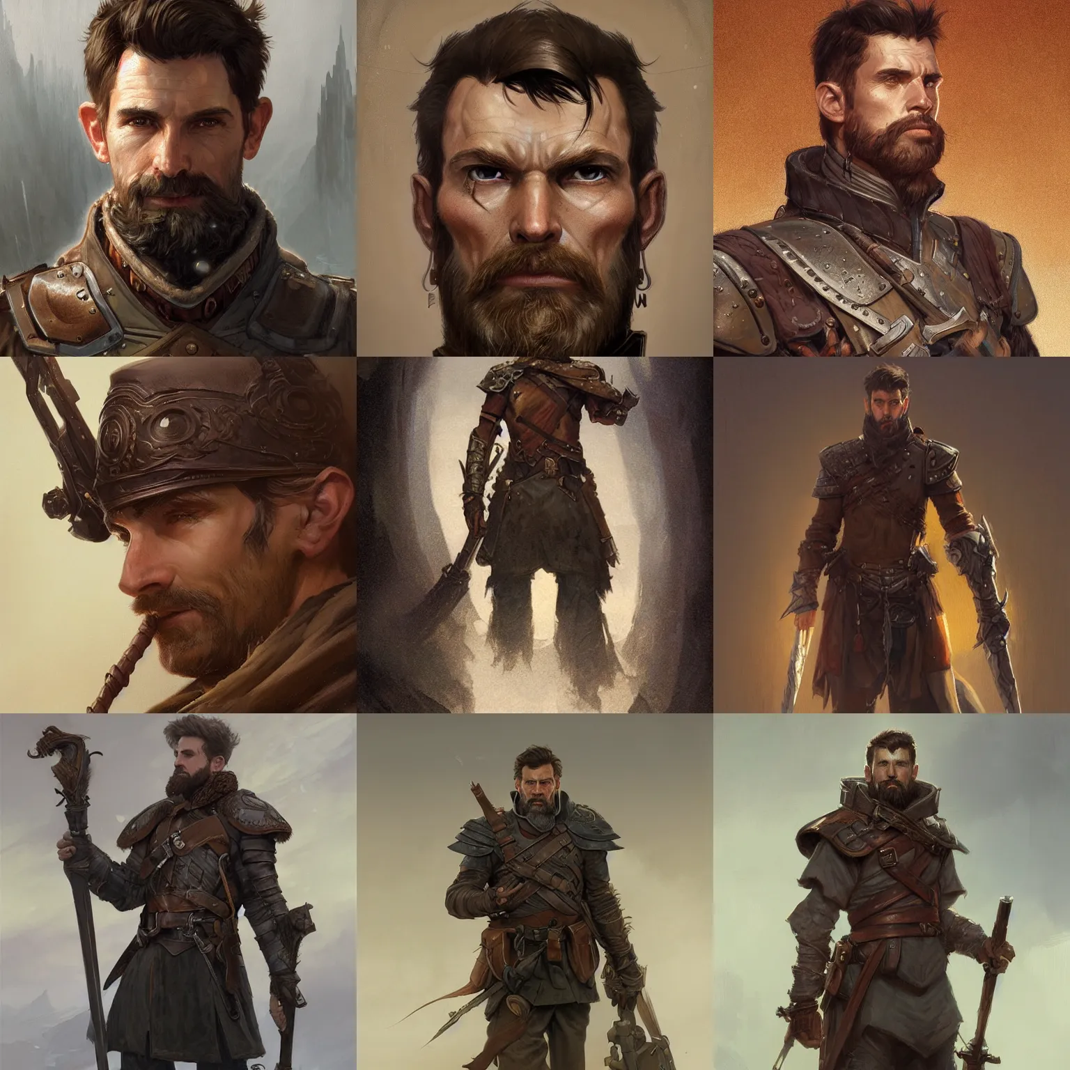 Prompt: portrait of a ruggedly handsome wizard soldier with short brown hair and stubble wearing leather armor, half body, fantasy, highly detailed, digital painting, artstation, concept art, character art, art by greg rutkowski and tyler jacobson and alphonse mucha