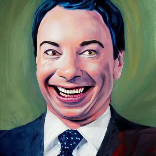 Image similar to hyper realistic painting of jimmy fallon as my sleep paralysis demon