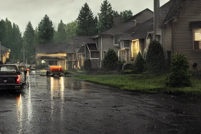 Prompt: a detailed photographic render of an american suburb by gregory crewdson, photoreal, 4 k, rain