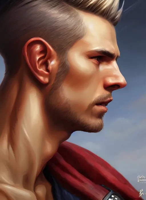 Image similar to a _ fantasy _ style _ portrait _ painting _ of fighter male, medium dark blonde pulled back side part and blonde stubble, rpg dnd oil _ painting _ unreal _ 5 _ daz. _ rpg _ portrait _ extremely _ detailed _ artgerm _ greg _ rutkowski _ greg