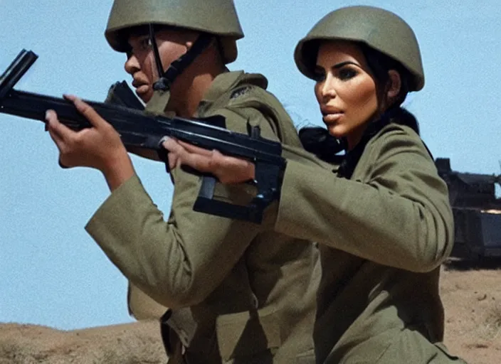 Image similar to a film still of kim kardashian as a soldier firing a rifle, open neckline, backround : warzone