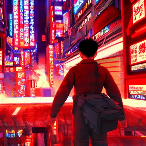 Image similar to ultra realist soft painting render of Kaneda in neo tokyo world, symmetry accurate features, very intricate details, volumetric lighting