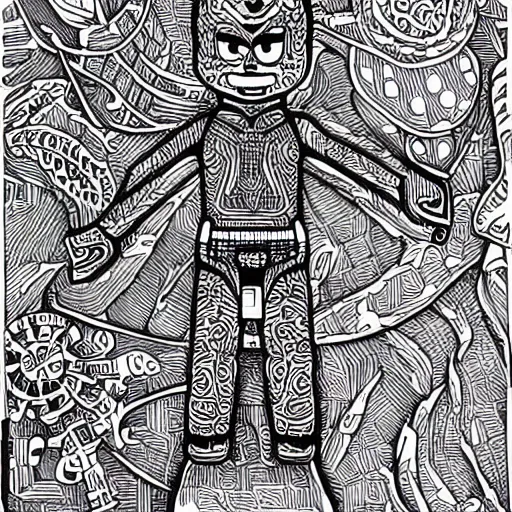 Prompt: lego character, pen and ink, intricate line drawings.