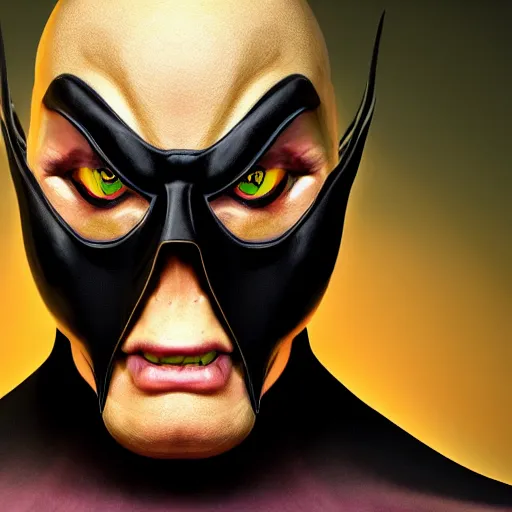 Image similar to vegan supervillain, UHD, hyperrealistic render, highly detailed, 4k, artstation