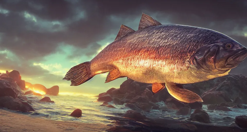 Prompt: a beautiful painting of a seabass dream, octane render, brilliantly coloured, intricate, ultra wide angle, trending on artstation, dusk, volumetric lighting, polished, micro details, ray tracing, 8k