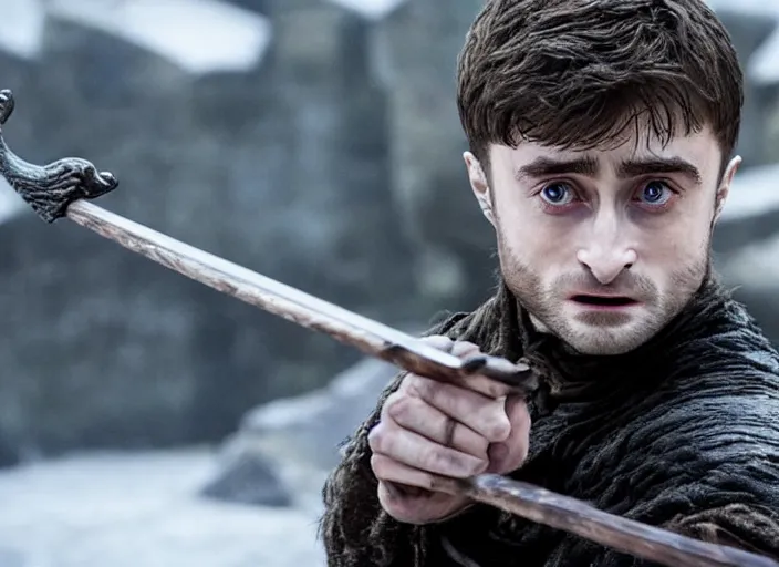 Image similar to daniel radcliffe as gelthinors in game of thrones, holding out a wand, live action film, cinematic photo, clear hd image