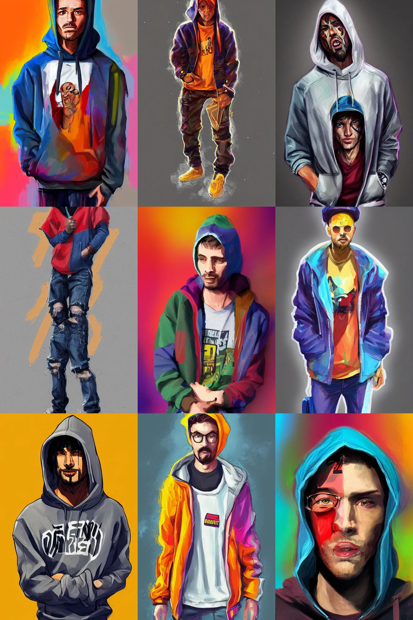 Prompt: a full body concept art portrait digital painting of a single man dressed in 90s street clothing and a hoodie with face and body clearly visible by Ben Shafer, valorant, artstation trending, high quality, happy mood, artstation trending, vibrant colours, no crop, no helmet, entire character, blank background, SFW,