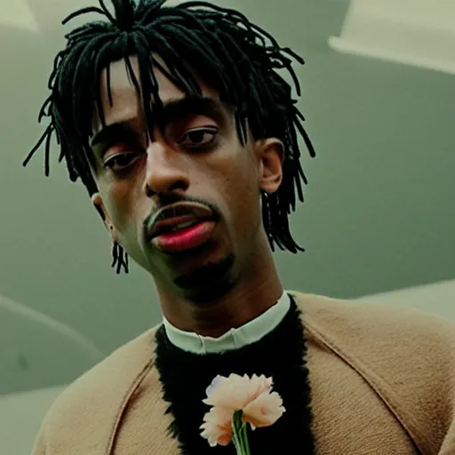 Image similar to cinematic film still of Playboi Carti starring as a Japanese Sensei with fire, Japanese CGI, VFX, 2003, 40mm lens, shallow depth of field, film photography