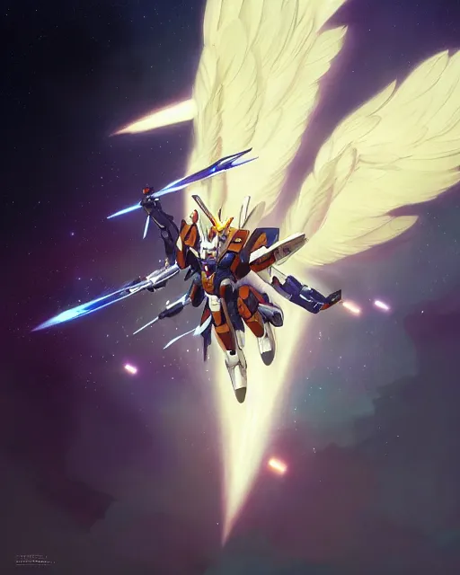 Image similar to highly detailed vfx portrait of an angelic gundam with wings of feathers beam saber fighting in space with a beam gun, unreal engine, greg rutkowski, loish, rhads, beeple, makoto shinkai and lois van baarle, ilya kuvshinov, rossdraws, tom bagshaw, alphonse mucha, global illumination, detailed and intricate environment