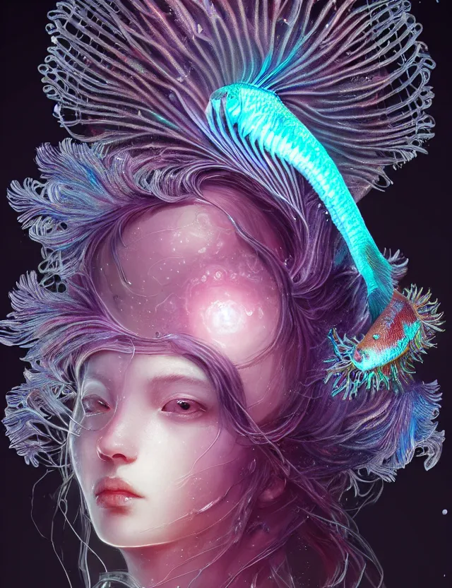 Image similar to goddess macro close - up portrait wigh crown made of ram skull. betta fish, jellyfish phoenix, bioluminiscent, plasma, ice, water, wind, creature, super intricate ornaments artwork by tooth wu and wlop and beeple and greg rutkowski