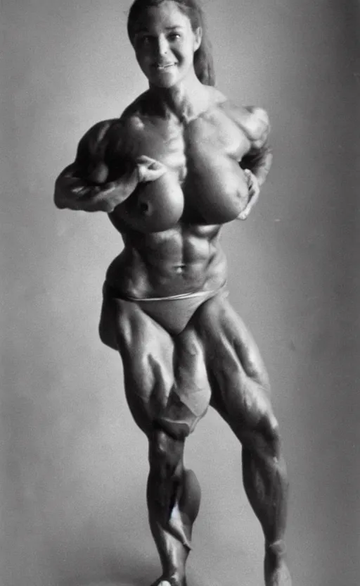 Prompt: gigachad as woman, full body photo, bodybuilder Ernest Khalimov, black and white photograph