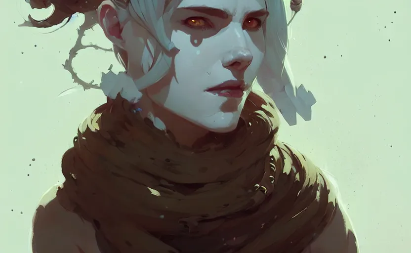 Image similar to portrait of female druid by atey ghailan, by greg rutkowski, by greg tocchini, by james gilleard, by joe fenton, by kaethe butcher, digital art, trending on artstation, highly detailed, concept art, dynamic lighting, gradient light blue, brown, blonde cream and white color scheme, grunge aesthetic