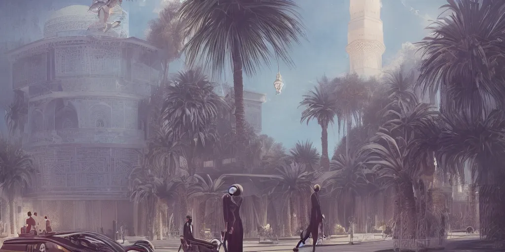 Image similar to Futuristic Marrakech, palm trees, Flying Taxi ,Moroccan mosque ,WLOP, James Jean, tom bagshaw, rococo, trending on artstation, fantasy, intricate, elegant, highly detailed, digital painting, concept art, smooth, illustration, cinematic lighting, hyper realism, octane render, 8k, hyper detailed.