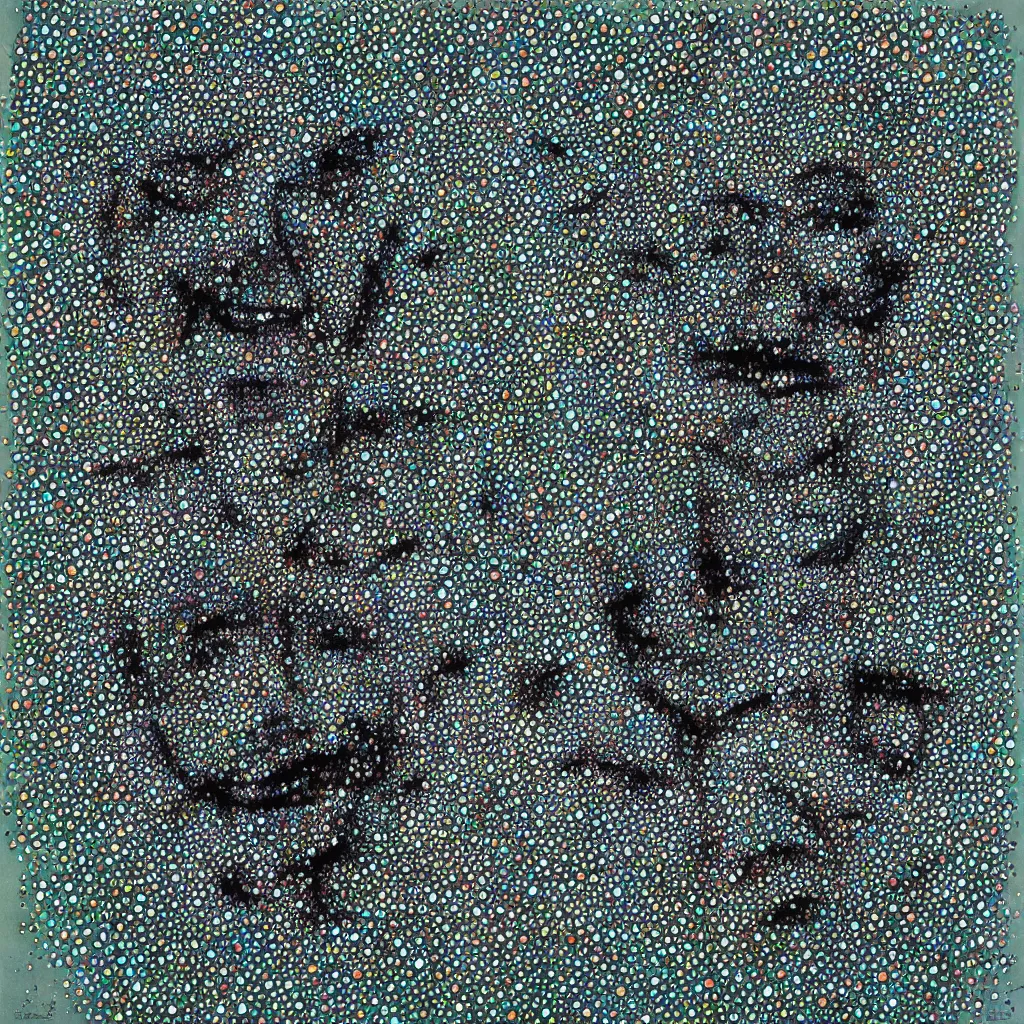 Image similar to camo made of out teeth, smiling, abstract, maya bloch artwork, do hoang tuong artwork, cryptic, dots, stipple, lines, splotch, concrete, color tearing, uranium, neon, pitch bending, faceless people, dark, ominous, eerie, minimal, points, technical, painting