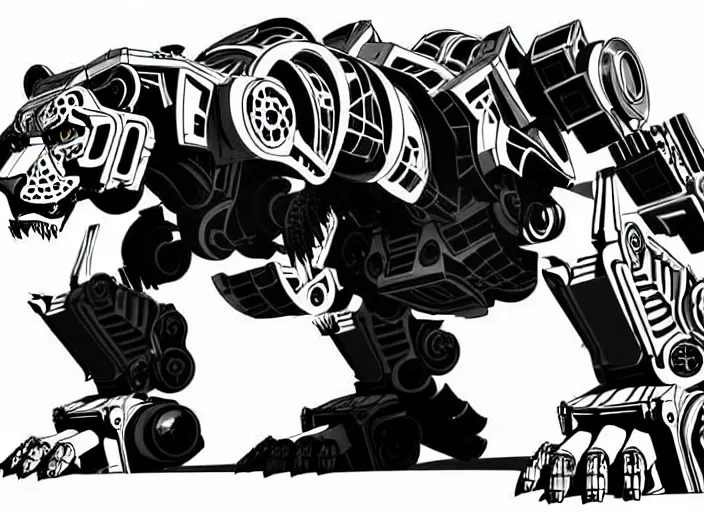 Prompt: very technical and detailed blueprint of a robot tiger, lion mecha, center frame, side view intricate details, ultra - detailed, baroque style, illustration, desaturated, concept art, in the style of zoids, voltron, horizon zero dawn