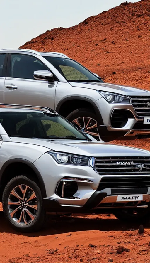 Prompt: haval h9 on mars the terminator sits behind the wheel