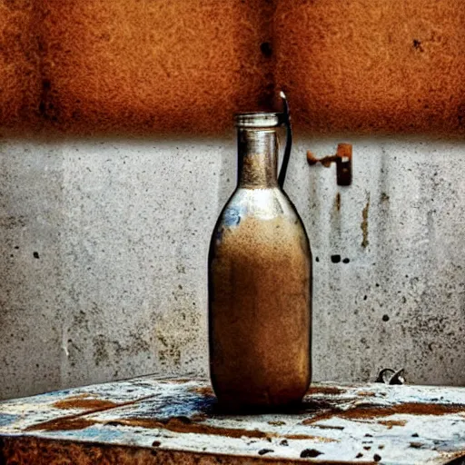 Image similar to bottle of milk over a rusted metal table inside a jail cell