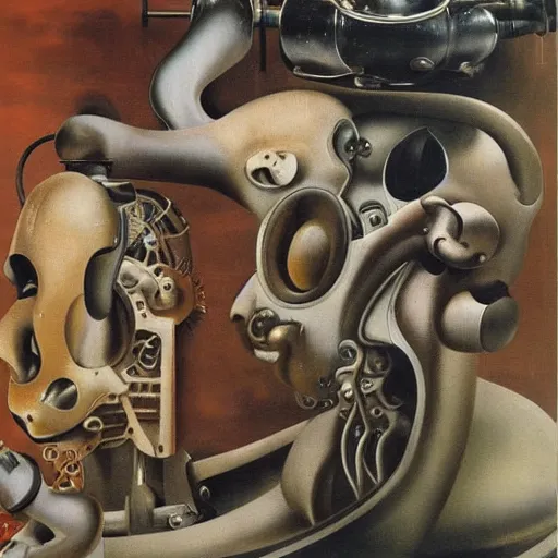 Prompt: Oil painting by Dali. Two mechanical gods with animal faces having a conversation. Oil painting by Hans Bellmer.