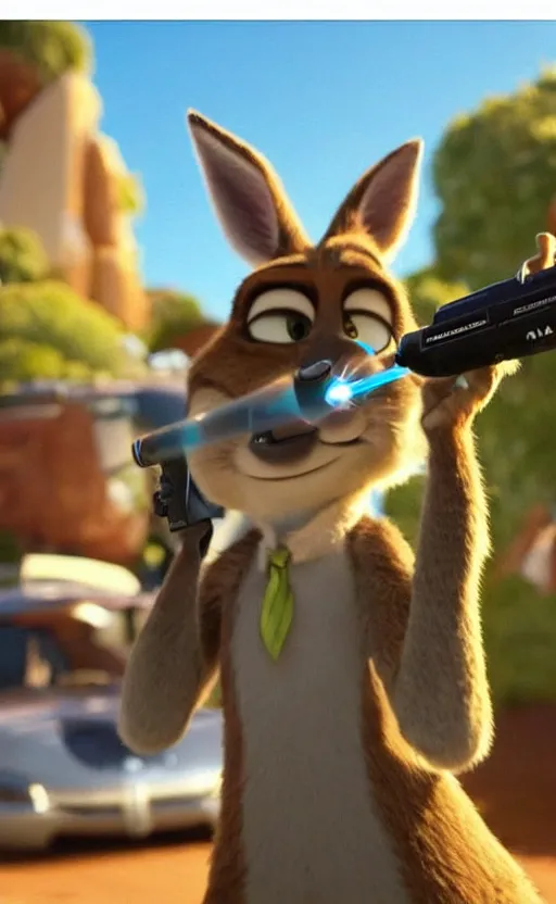 Image similar to “kangaroo in the style of the movie zootopia holding a laser gun and pointing it at the the camera”