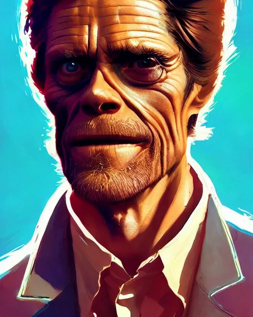 Prompt: willem dafoe wearing a leisure suit, volumetric lighting, conrad roset, jesper ejsing, artgerm, artstation, halo of light