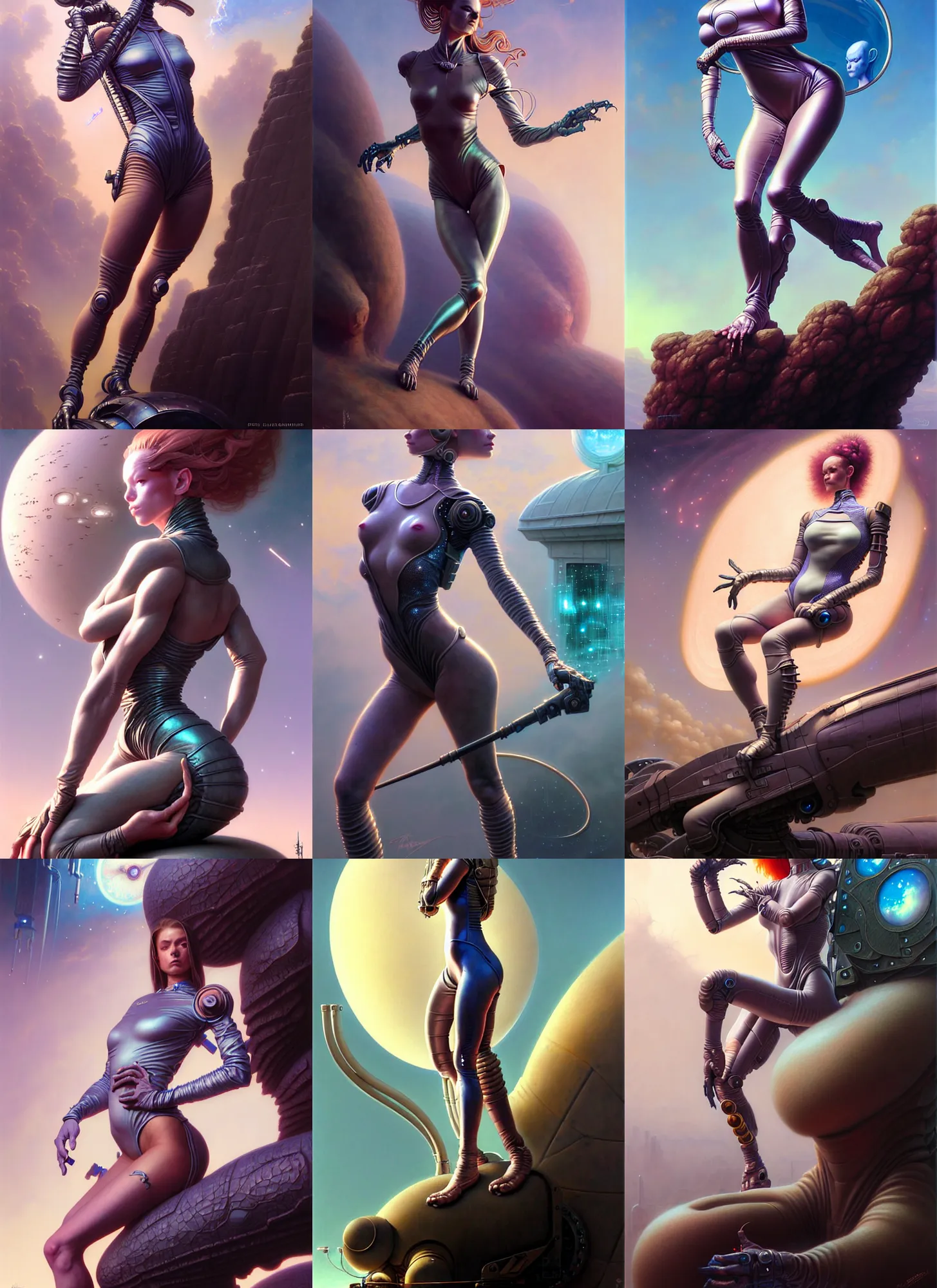 Prompt: fantasy character portrait, girl resting on an old sci - fi vehicle, bodysuit, leotard, ultra realistic, wide angle, intricate details, the fifth element artifacts, highly detailed by peter mohrbacher, hajime sorayama, wayne barlowe, boris vallejo, paolo eleuteri serpieri