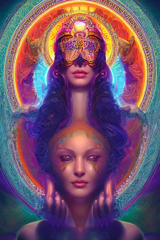 Image similar to a centered render of an alluring goddess wearing a psychedelic mask surrounded by a glorious sacred energy made from geometry and spiral mandel bulb fractals in a majestic temple, powerful, cinematic, beautifully lit, by artgerm, by karol bak, 3 d, trending on artstation, octane render, 8 k