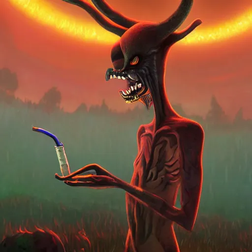 Image similar to a centered chest up portrait of a psychedelic demonic anthropomorphic wendigo smoking a hand - rolled cigarette smoking heavily, magic mushroom village in background. award winning. superb resolution. in the art style of junji ito and greg rutkowski. detailed mushroom city in background. hyper realistic anime. perfect art. dalle 2