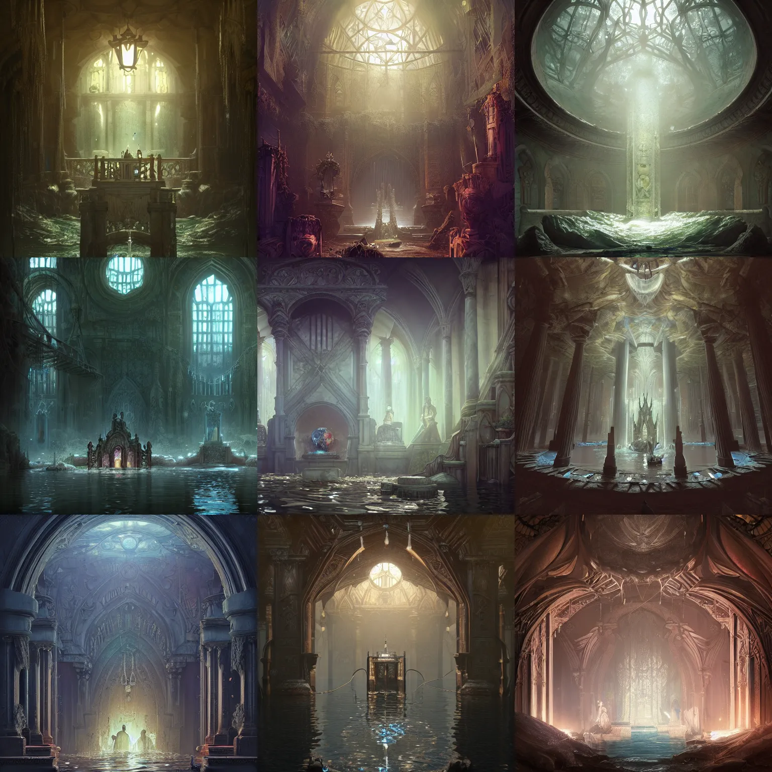 Prompt: beautiful flooding victorian tomb, water flowing from pillars, glass ceilings, tapestries hanging from ceiling, light dust, by peter mohrbacher dan mumford craig mullins nekro, cgsociety, pixiv, volumetric light, 3 d render