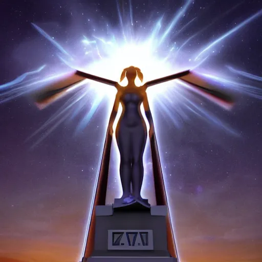 Image similar to zeta cohort gathering in a virtual realm around a huge zeta monument, radiant light, concept art, epic zeta symbol statue, by craig malismo