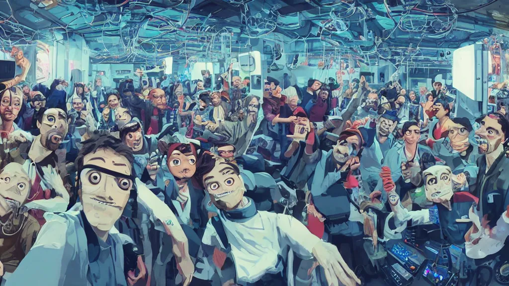 Prompt: selfie of a tight group of happy drunken hackers at a party in a highly detailed server room with computers everywhere and wires, in a scifi movie, retrofuturism, by jamie hewlett, nuri iyem, james gurney, james jean, greg rutkowski, anato finnstark. pixar. hyper detailed, wide angle, perfect faces
