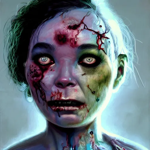 Image similar to color head portrait of bjork as a zombie, 7 days to die zombie, gritty background, fine art, award winning, intricate, elegant, sharp focus, cinematic lighting, digital painting, 8 k concept art, art by michael hussar, art by brom, art by guweiz and z. w. gu, 8 k