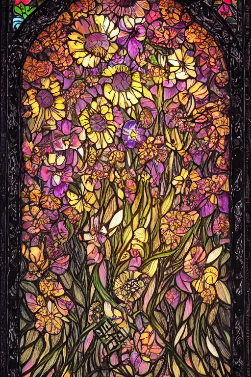 Prompt: Painted dark-wood relief carving of a Flowerpunk Bible book, explosion of colorful flowers, dark wood, intricately carved, broken-stained-glass, black ink, holi festival of rich color, intricate details, cinematic lighting, volumetric lighting, backlit, post-processing, by andreas rocha and john howe, and Martin Johnson Heade, featured on artstation, featured on behance, golden ratio, ultrawide angle, hyper detailed, photorealistic, epic composition, wide angle, f32, well composed, UE5, 8k