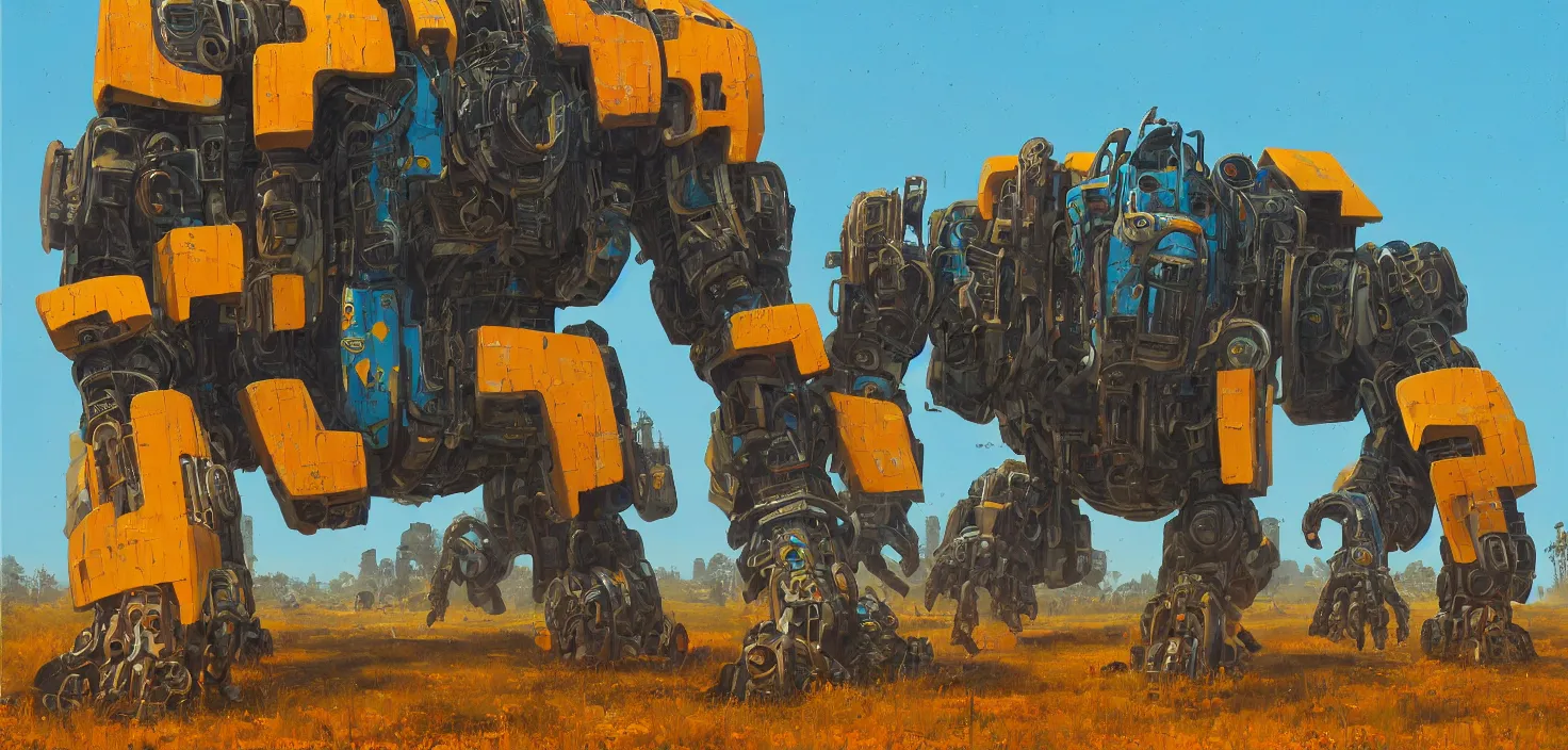 Image similar to an intricate oil painting of a giant south african armored gorilla shaped scrap metal mecha by simon stalenhag, yellow, orange and cyan paint decals