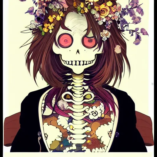 Prompt: anime manga skull portrait girl female skeleton illustration hyperrealistic art the Simpsons Geof Darrow and will cotton alphonse mucha pop art nouveau