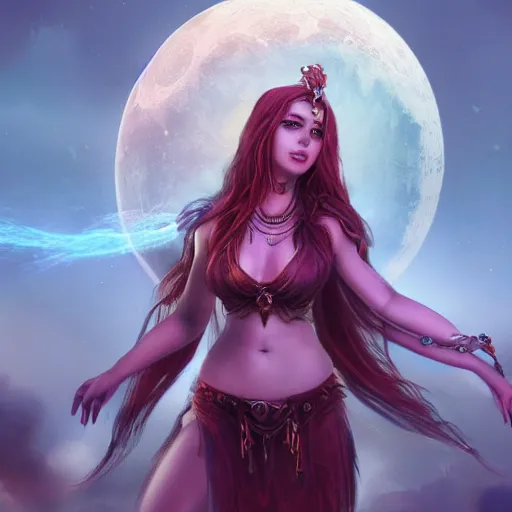 Prompt: a beautiful female goddess of the bloodmoon character, character is in all its glory, character is in her natural relaxed pose, full body shot, rim lights, particles and dust in the air, fancy clouds, highly detailed professional photo, dynamic lights, particles are flying, depth of field, trending on artstation, professional illustration, hyper realistic, vray caustics, super detailed, colorful accents, cinematic shot