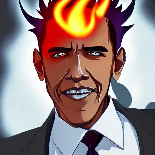 Image similar to portrait of obama the president king of flames aura mode, anime fantasy illustration by tomoyuki yamasaki, kyoto studio, madhouse, ufotable, square enix, cinematic lighting, trending on artstation