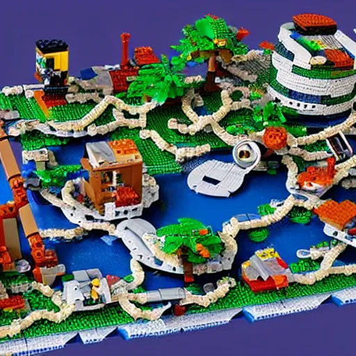 Prompt: Lego overgrown deserted island city