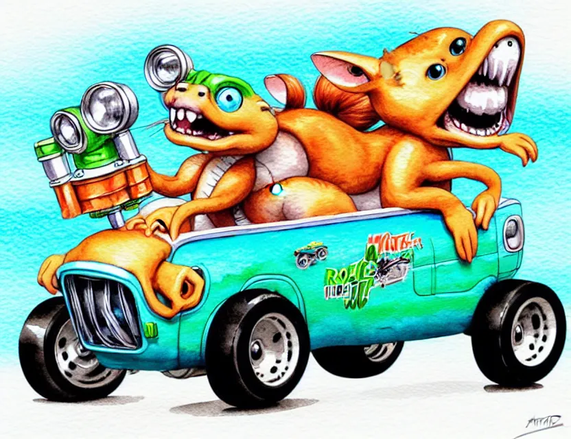 Prompt: cute and funny, weasel riding in a tiny hot rod with oversized engine, ratfink style by ed roth, centered award winning watercolor pen illustration, isometric illustration by chihiro iwasaki, edited by range murata, tiny details by artgerm and watercolor girl, symmetrically isometrically centered