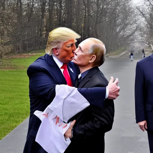 Prompt: Trump kissing Putin