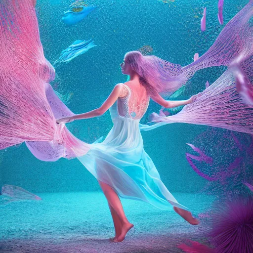 Prompt: woman dancing underwater wearing a flowing dress made of many layers of blue, magenta, and yellow translucent lace, elegant coral sea bottom, swirling silver fish, octane render, caustics lighting from above, cinematic