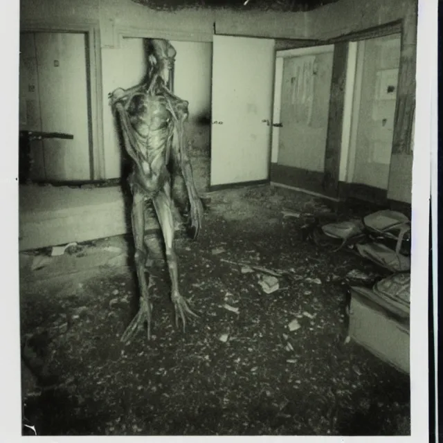 Image similar to found polaroid photo, flash, interior abandoned hospital, mutant creature standing