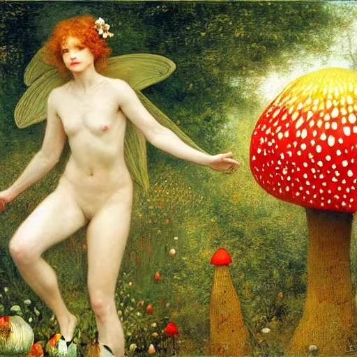 Prompt: masterpiece full body portrait of a two beautiful fairies romping on a giant amanita muscaria mushroom cap, by Edgar Maxence and Ross Tran and Michael Whelan and Gustav Klimpt