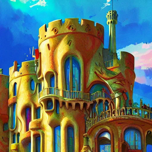 Prompt: antonio gaudi i cornet style castle, sun shining through, dream, colorful, cosy wilderness, bright colors, highly detailed, sharp focus, illustration by makoto shinkai