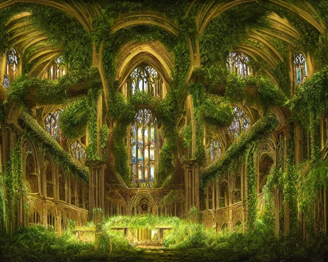 Prompt: An ultra-detailed illustration of a cathedral interior, high ceiling, overgrown with moss, flowers and lush plants, vines hanging down from the tall ceiling, digital art, trending on Artstation, matte painting, detailed, Dan Mumford