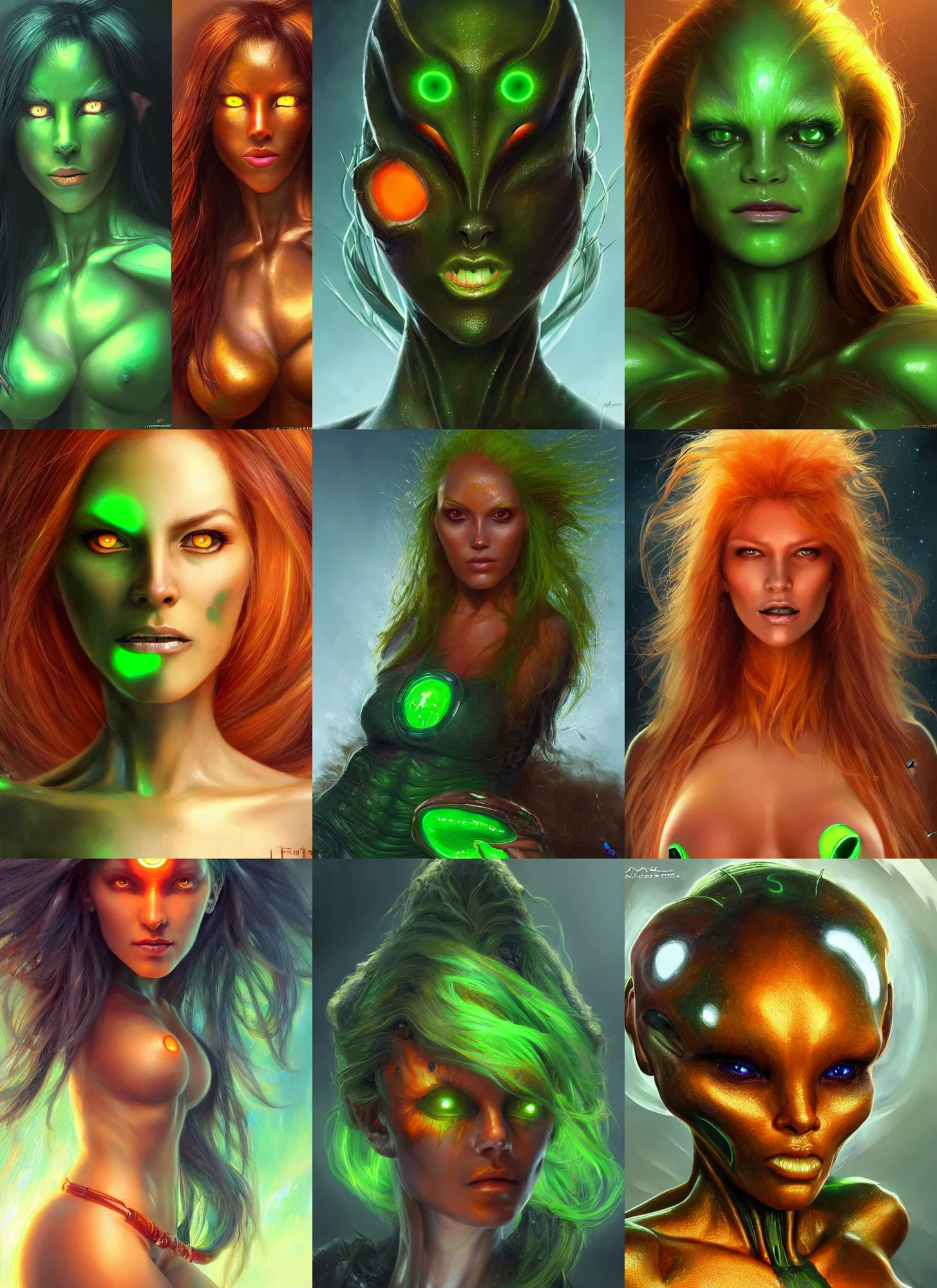 Prompt: beautiful female alien with glowing green eyes, orange skin and long fiery hair, concept art by Mark Arian, highly detailed, ultra detailed, ultra realistic, trending on artstation